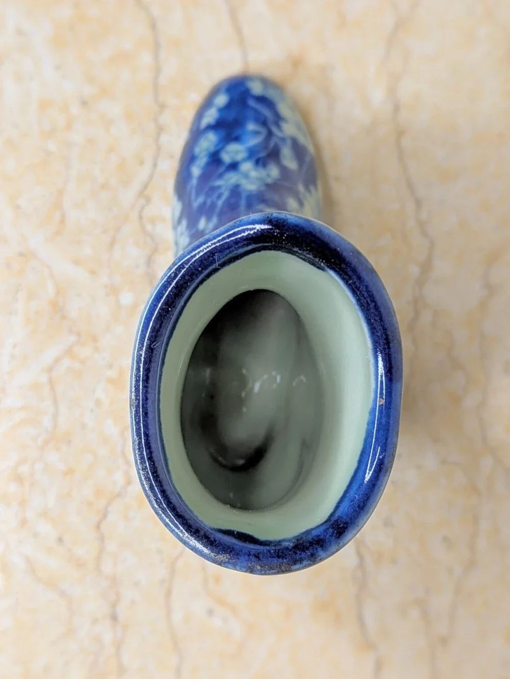 Vintage Ironstone Blue & White Chintz Floral Chinoiserie Mini Boot Vase Stamped